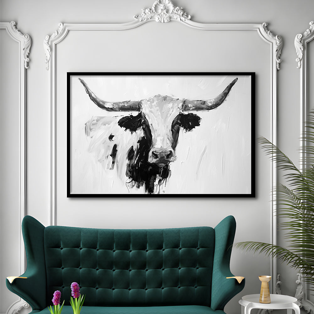 Black And White Longhorn Cow Knife Oil Paing, Framed  Print, Painting Art, Framed Art Print Wall Decor, Framed Picture