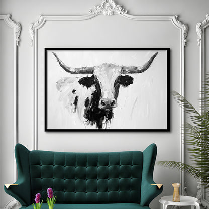 Black And White Longhorn Cow Knife Oil Paing, Framed  Print, Painting Art, Framed Art Print Wall Decor, Framed Picture