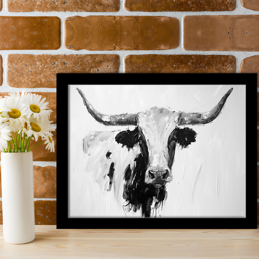 Black And White Longhorn Cow Knife Oil Paing, Framed  Print, Painting Art, Framed Art Print Wall Decor, Framed Picture