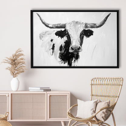 Black And White Longhorn Cow Knife Oil Paing, Framed Canvas Print, Painting Art, Floating Framed Canvas Print Wall Art