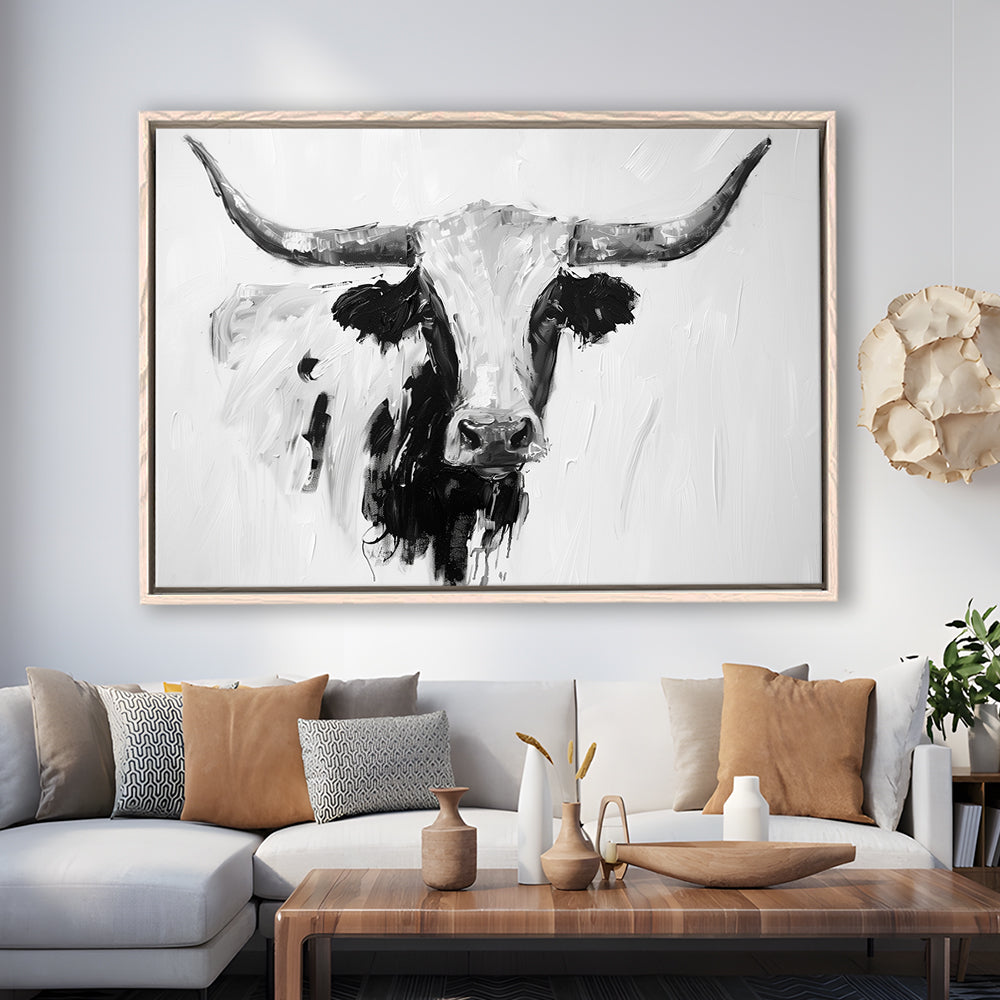 Black And White Longhorn Cow Knife Oil Paing, Framed Canvas Print, Painting Art, Floating Framed Canvas Print Wall Art