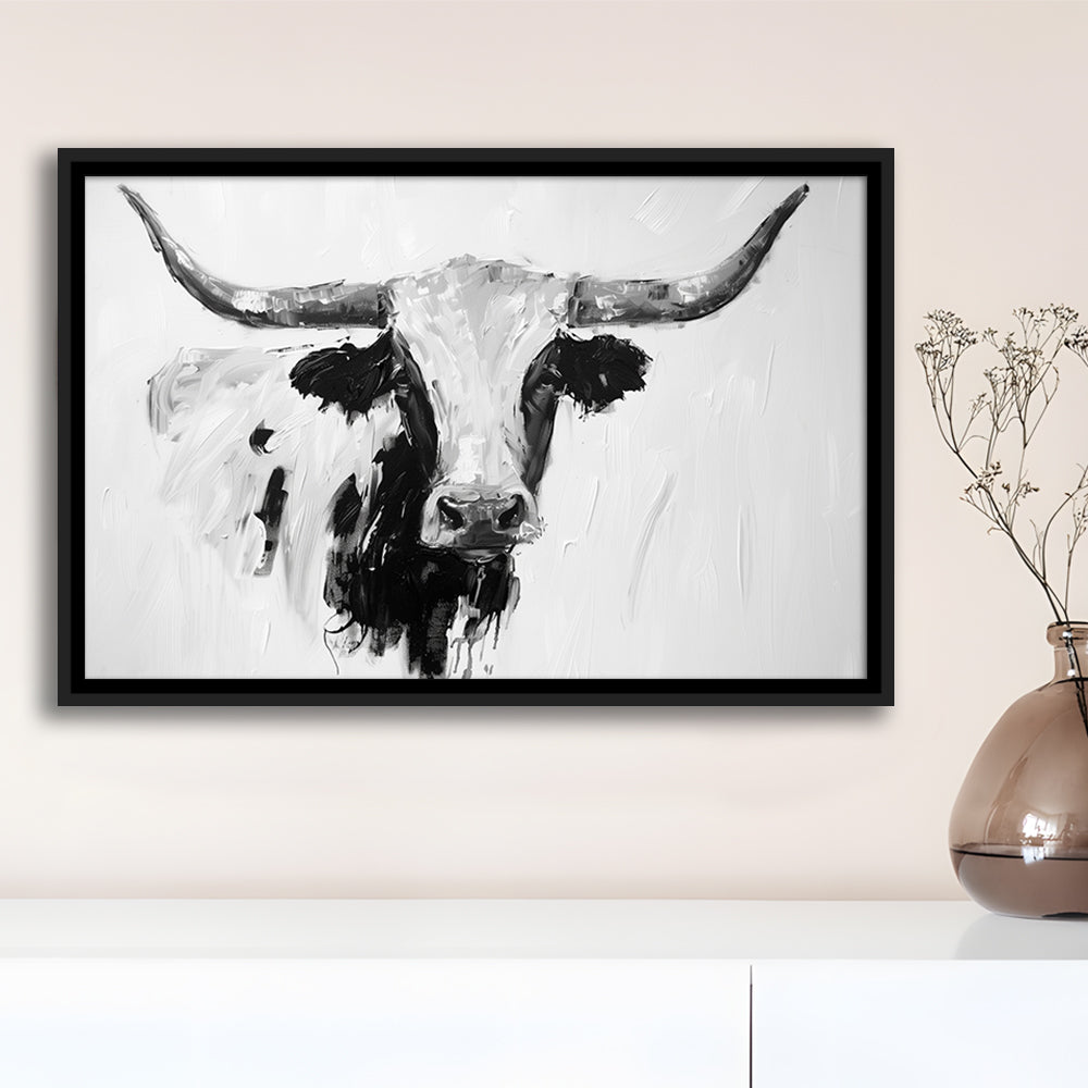 Black And White Longhorn Cow Knife Oil Paing, Framed Canvas Print, Painting Art, Floating Framed Canvas Print Wall Art