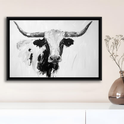 Black And White Longhorn Cow Knife Oil Paing, Framed Canvas Print, Painting Art, Floating Framed Canvas Print Wall Art