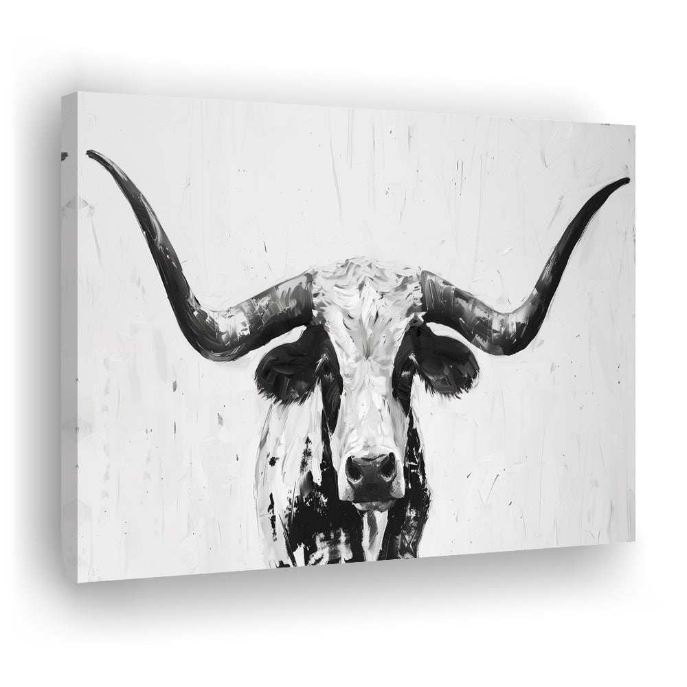 Black And White Longhorn Cow Portrait Knife Oil Paing V1, Canvas Print Wall Art Home Decor