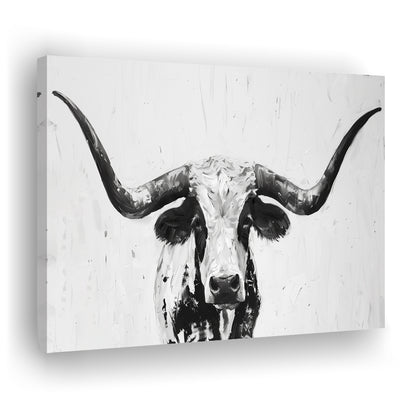 Black And White Longhorn Cow Portrait Knife Oil Paing V1, Canvas Print Wall Art Home Decor