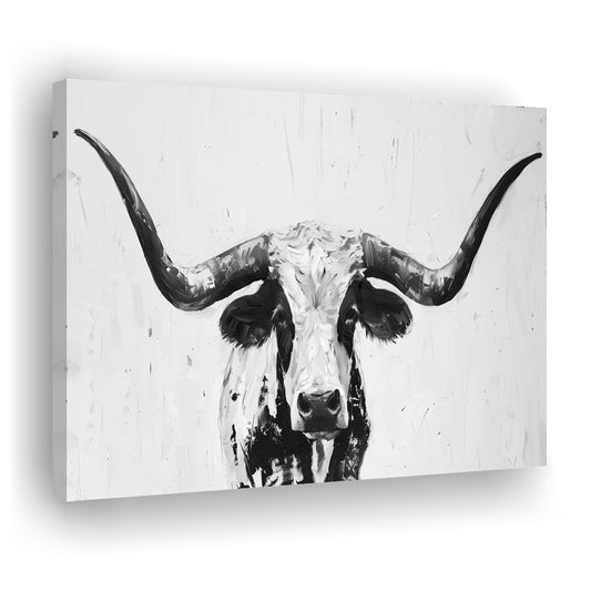 Black And White Longhorn Cow Portrait Knife Oil Paing V1, Canvas Print Wall Art Home Decor