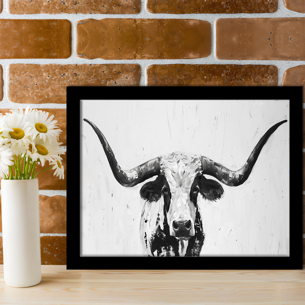Black And White Longhorn Cow Portrait Knife Oil Paing V1, Framed Art Print Wall Decor, Framed Picture