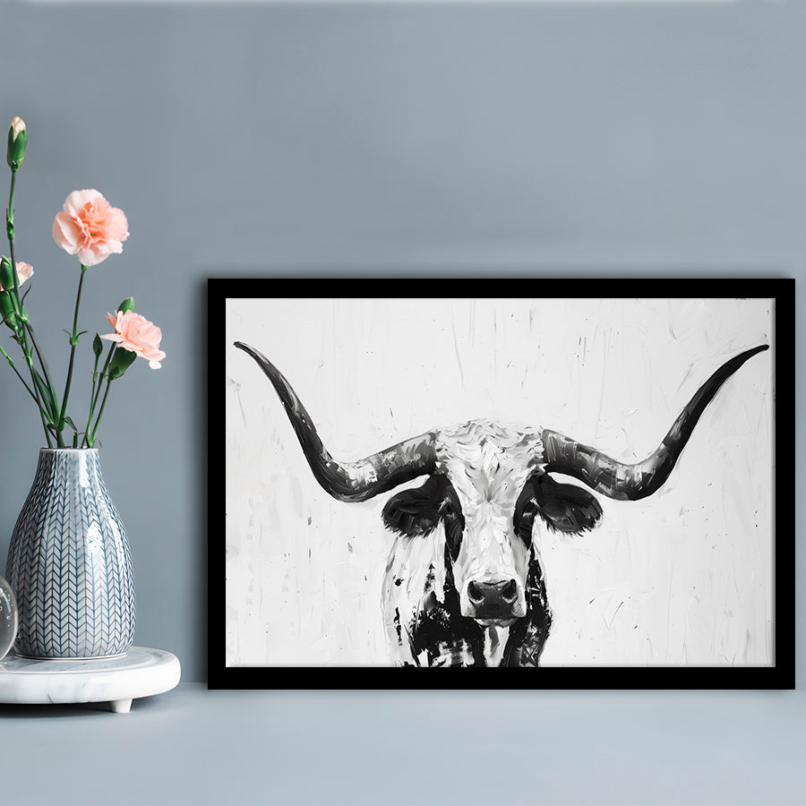 Black And White Longhorn Cow Portrait Knife Oil Paing V1, Framed Art Print Wall Decor, Framed Picture