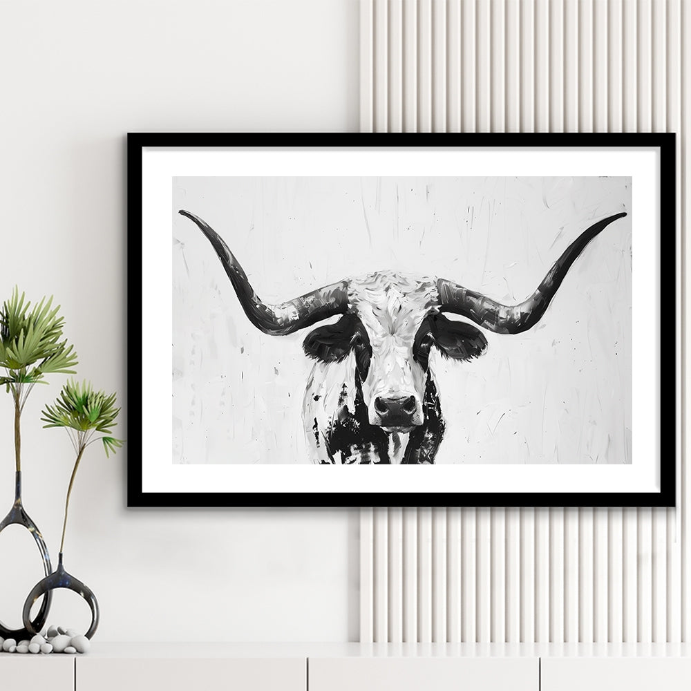 Black And White Longhorn Cow Portrait Knife Oil Paing V1, Framed Art Print White Border Wall Decor