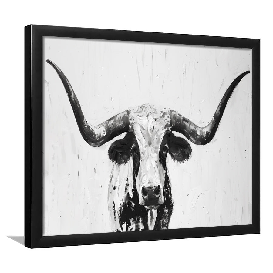 Black And White Longhorn Cow Portrait Knife Oil Paing V1, Framed Art Print Wall Decor, Framed Picture