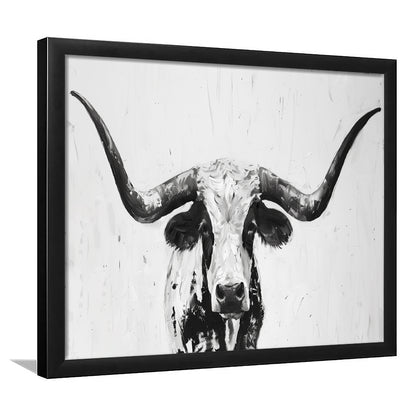 Black And White Longhorn Cow Portrait Knife Oil Paing V1, Framed Art Print Wall Decor, Framed Picture