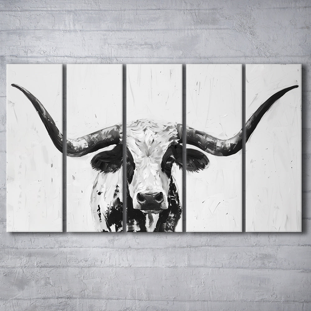 Black And White Longhorn Cow Portrait Knife Oil Paing V1, Multi Panels Canvas Print Wall Art