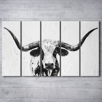Black And White Longhorn Cow Portrait Knife Oil Paing V1, Multi Panels Canvas Print Wall Art