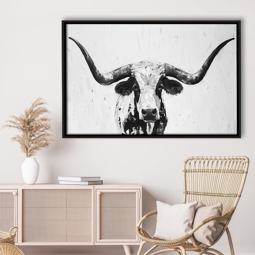 Black And White Longhorn Cow Portrait Knife Oil Paing V1, Floating Framed Canvas Print Wall Art