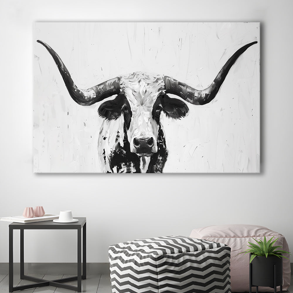 Black And White Longhorn Cow Portrait Knife Oil Paing V1, Canvas Print Wall Art Home Decor