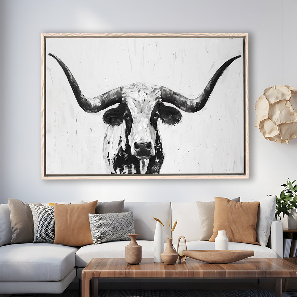 Black And White Longhorn Cow Portrait Knife Oil Paing V1, Floating Framed Canvas Print Wall Art