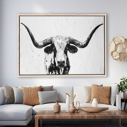 Black And White Longhorn Cow Portrait Knife Oil Paing V1, Floating Framed Canvas Print Wall Art