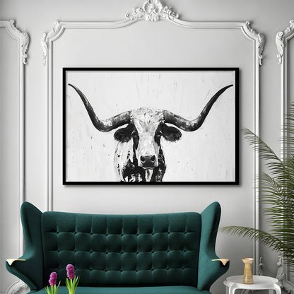 Black And White Longhorn Cow Portrait Knife Oil Paing V1, Framed Art Print Wall Decor, Framed Picture