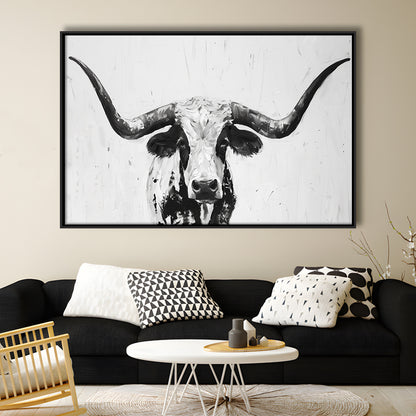 Black And White Longhorn Cow Portrait Knife Oil Paing V1, Floating Framed Canvas Print Wall Art