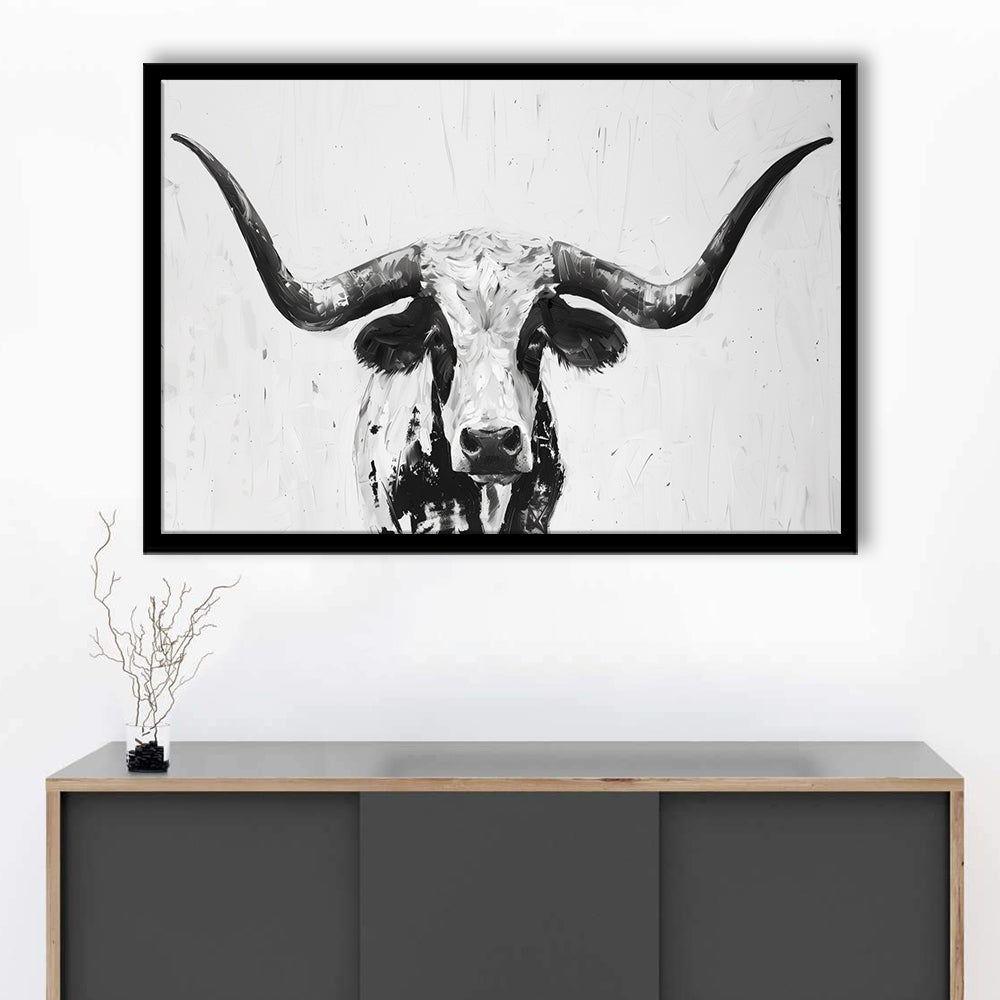 Black And White Longhorn Cow Portrait Knife Oil Paing V1, Framed Art Print Wall Decor, Framed Picture