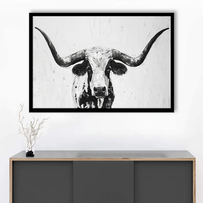 Black And White Longhorn Cow Portrait Knife Oil Paing V1, Framed Art Print Wall Decor, Framed Picture