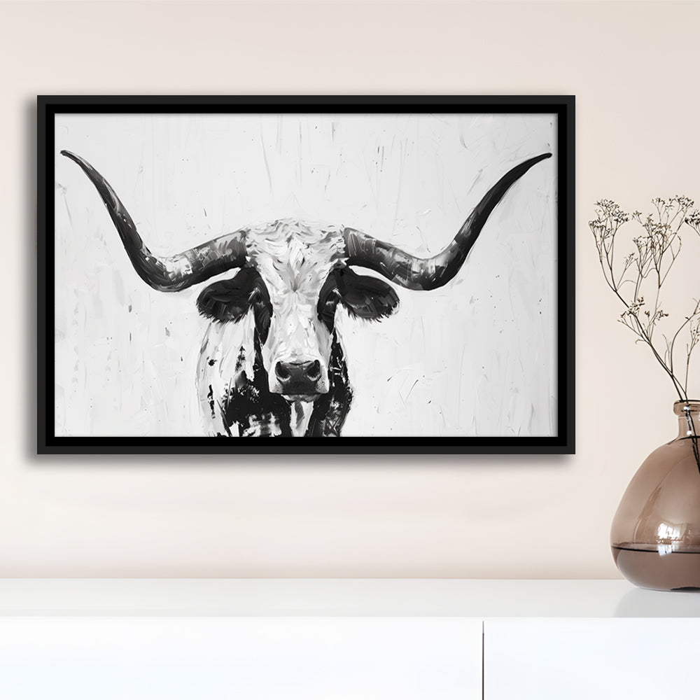 Black And White Longhorn Cow Portrait Knife Oil Paing V1, Floating Framed Canvas Print Wall Art