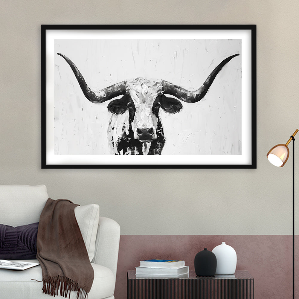 Black And White Longhorn Cow Portrait Knife Oil Paing V1, Framed Art Print White Border Wall Decor