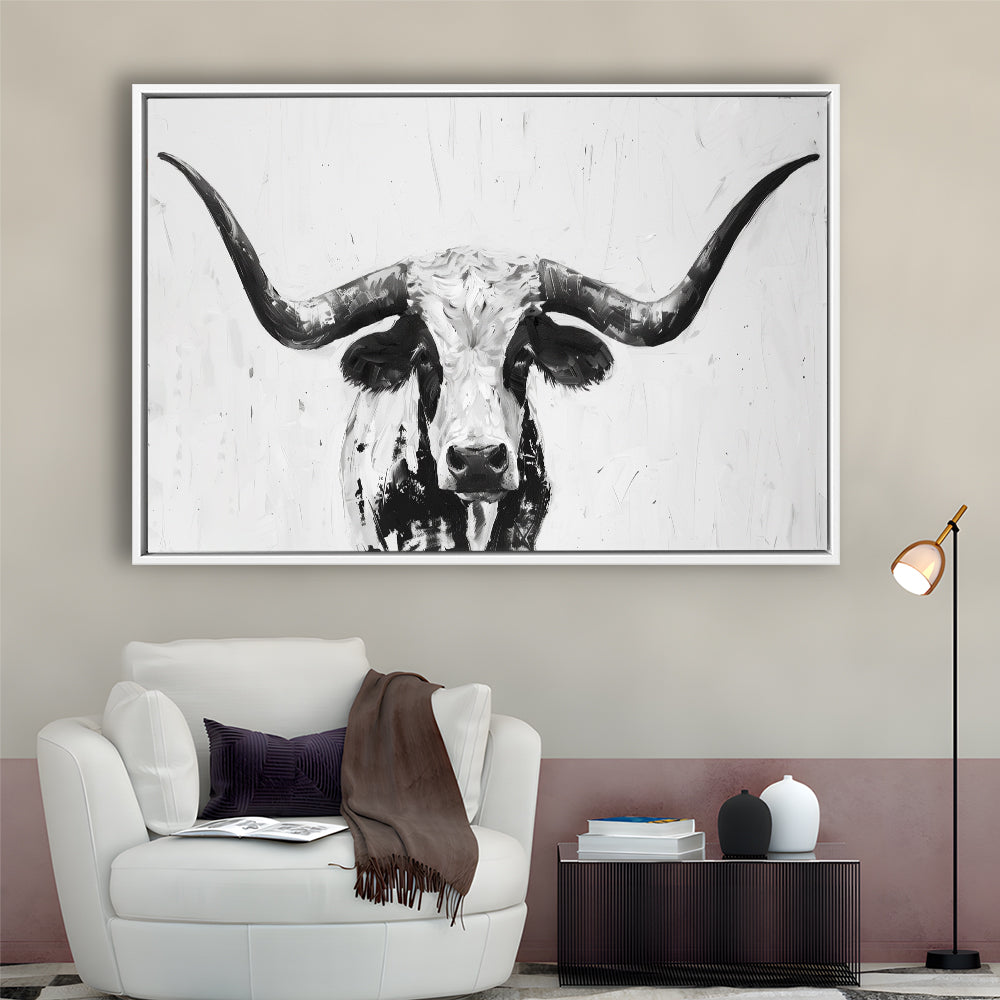 Black And White Longhorn Cow Portrait Knife Oil Paing V1, Floating Framed Canvas Print Wall Art