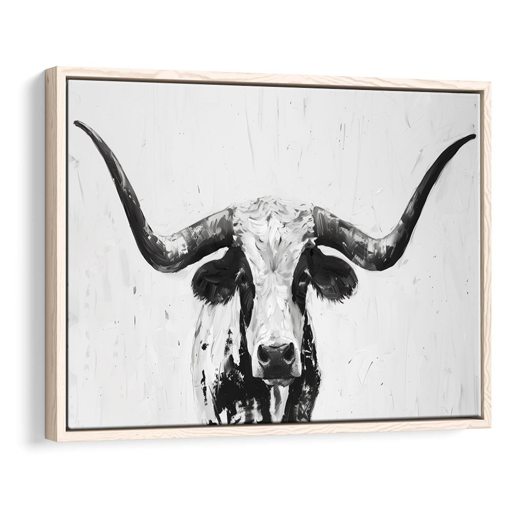Black And White Longhorn Cow Portrait Knife Oil Paing V1, Floating Framed Canvas Print Wall Art
