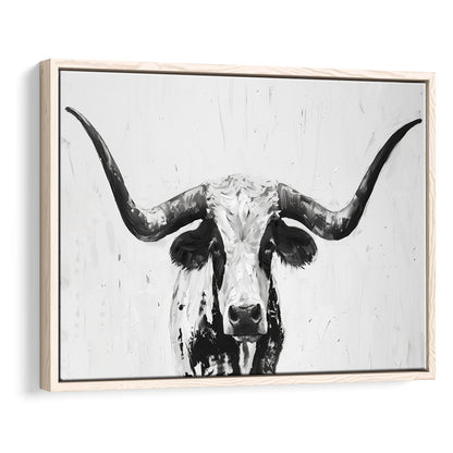Black And White Longhorn Cow Portrait Knife Oil Paing V1, Floating Framed Canvas Print Wall Art