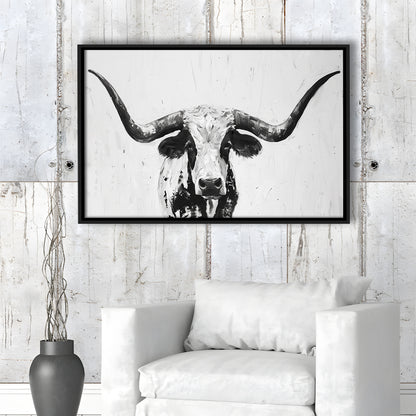 Black And White Longhorn Cow Portrait Knife Oil Paing V1, Floating Framed Canvas Print Wall Art