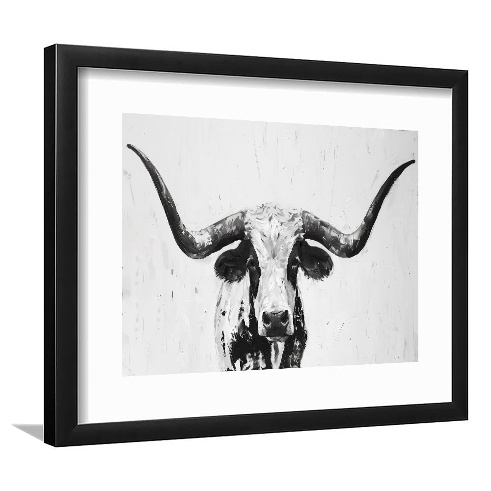 Black And White Longhorn Cow Portrait Knife Oil Paing V1, Framed Art Print White Border Wall Decor