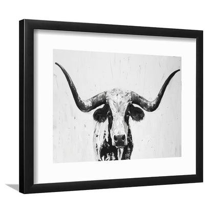 Black And White Longhorn Cow Portrait Knife Oil Paing V1, Framed Art Print White Border Wall Decor