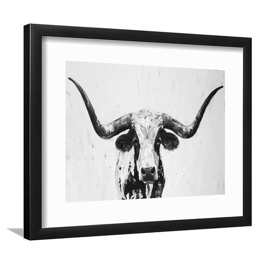 Black And White Longhorn Cow Portrait Knife Oil Paing V1, Framed Art Print White Border Wall Decor