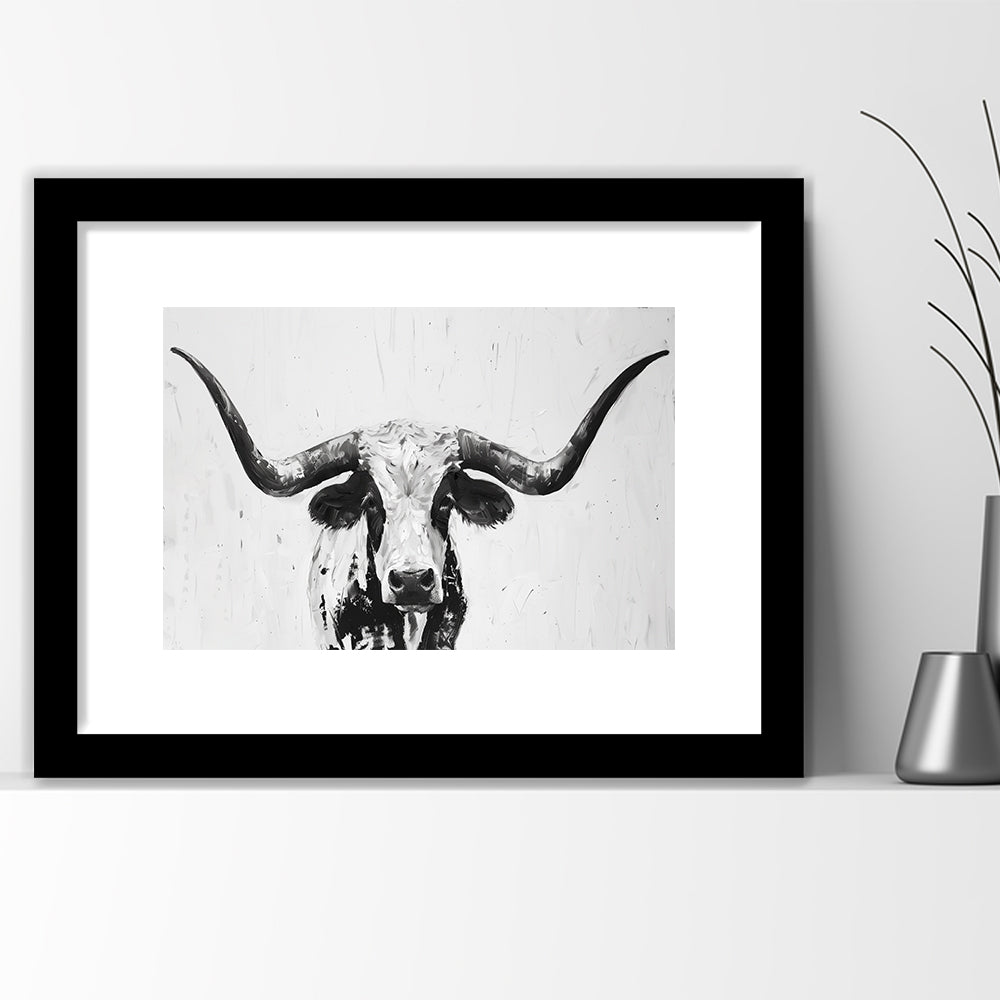 Black And White Longhorn Cow Portrait Knife Oil Paing V1, Framed Art Print White Border Wall Decor