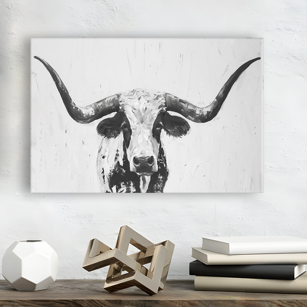 Black And White Longhorn Cow Portrait Knife Oil Paing V1, Canvas Print Wall Art Home Decor