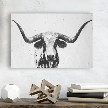 Black And White Longhorn Cow Portrait Knife Oil Paing V1, Canvas Print Wall Art Home Decor