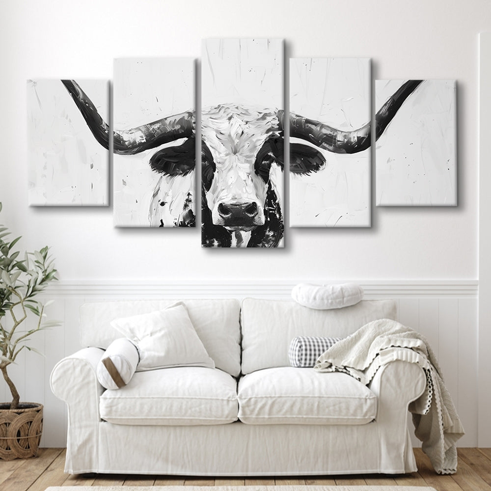 Black And White Longhorn Cow Portrait Knife Oil Paing V1, Mixed Panels Canvas Print Wall Art