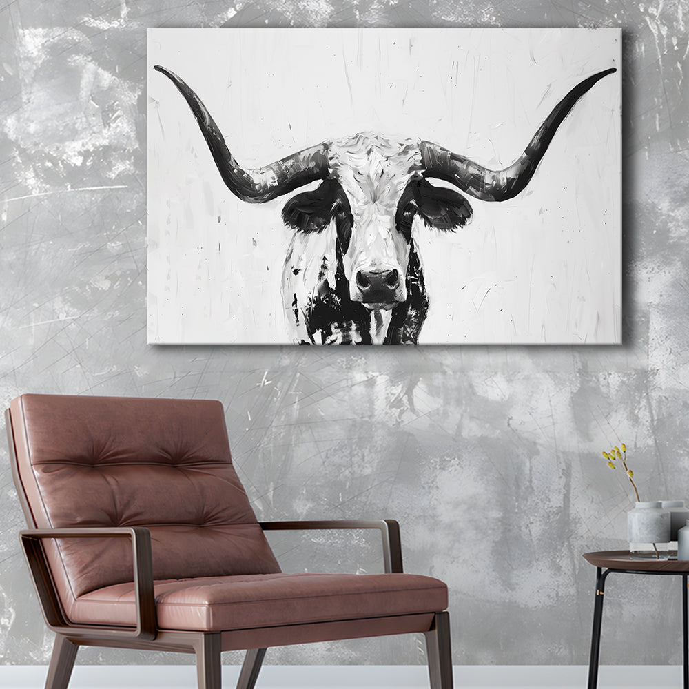 Black And White Longhorn Cow Portrait Knife Oil Paing V1, Canvas Print Wall Art Home Decor