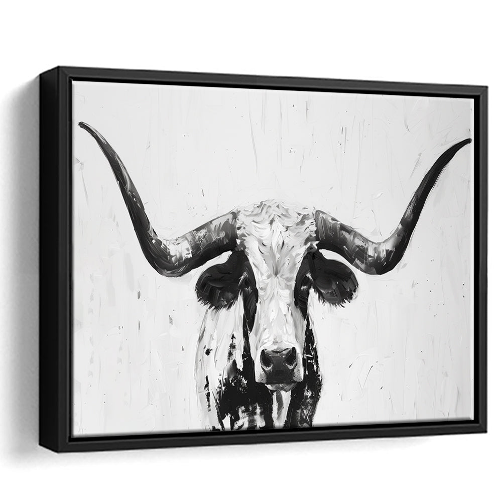 Black And White Longhorn Cow Portrait Knife Oil Paing V1, Floating Framed Canvas Print Wall Art