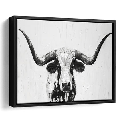 Black And White Longhorn Cow Portrait Knife Oil Paing V1, Floating Framed Canvas Print Wall Art