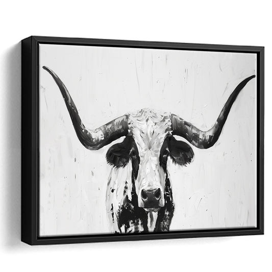 Black And White Longhorn Cow Portrait Knife Oil Paing V1, Floating Framed Canvas Print Wall Art