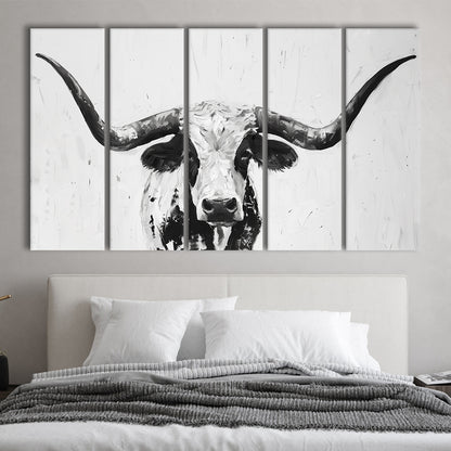 Black And White Longhorn Cow Portrait Knife Oil Paing V1, Multi Panels Canvas Print Wall Art