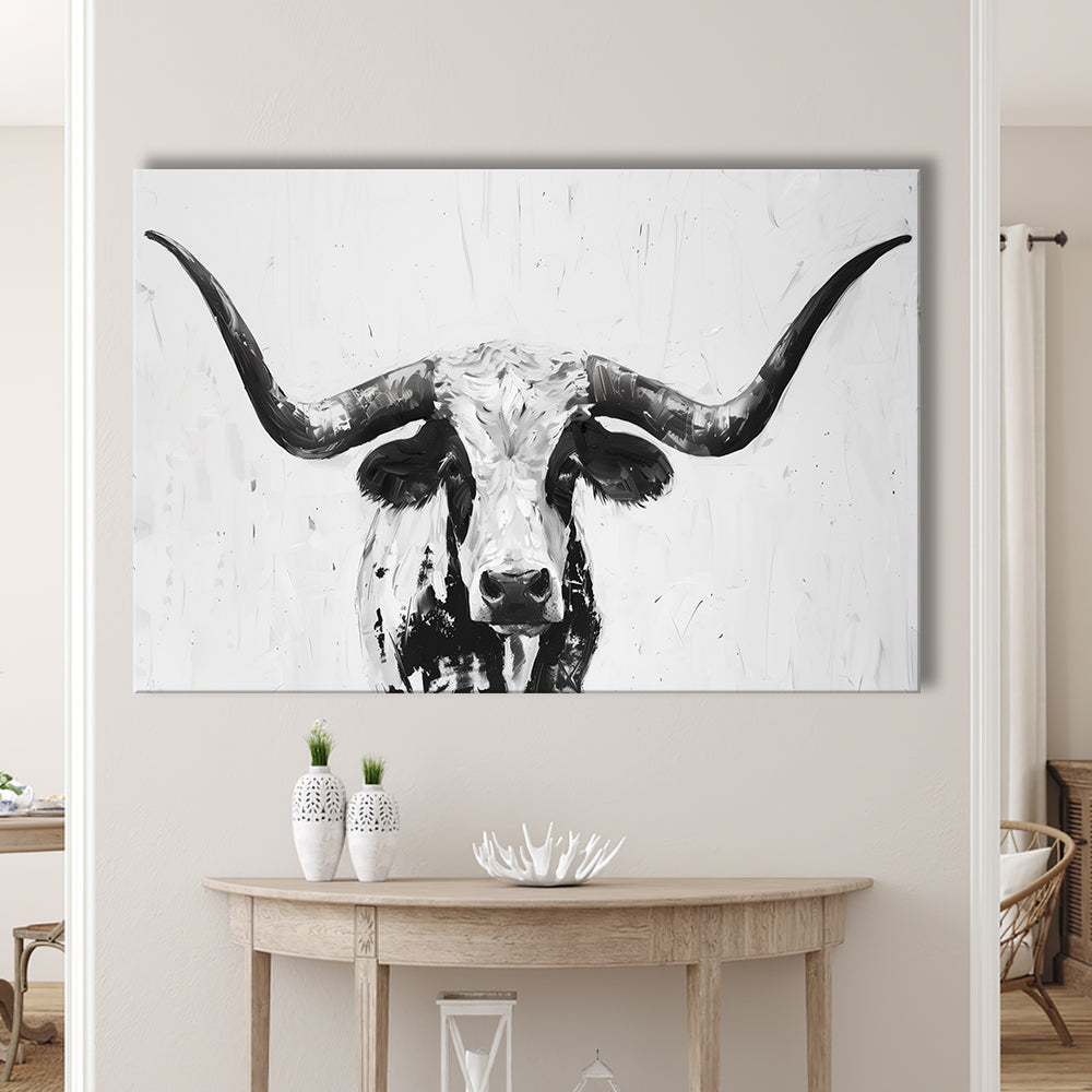 Black And White Longhorn Cow Portrait Knife Oil Paing V1, Canvas Print Wall Art Home Decor