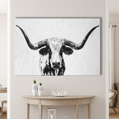Black And White Longhorn Cow Portrait Knife Oil Paing V1, Canvas Print Wall Art Home Decor