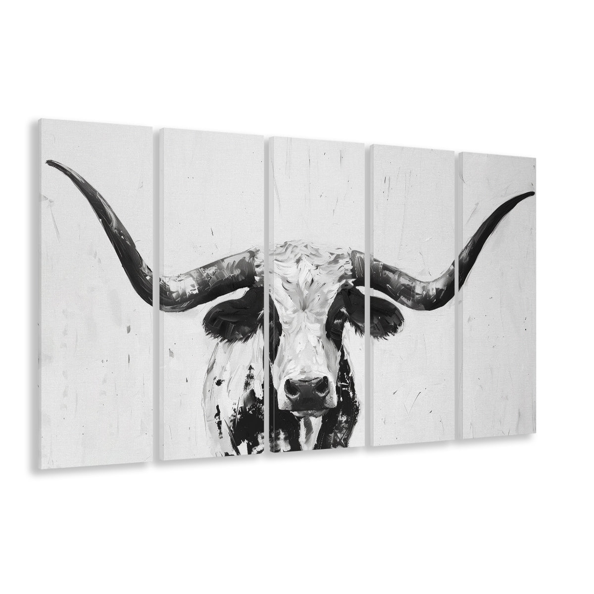 Black And White Longhorn Cow Portrait Knife Oil Paing V1, Multi Panels Canvas Print Wall Art