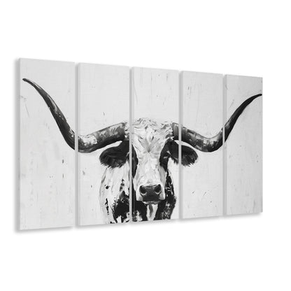 Black And White Longhorn Cow Portrait Knife Oil Paing V1, Multi Panels Canvas Print Wall Art