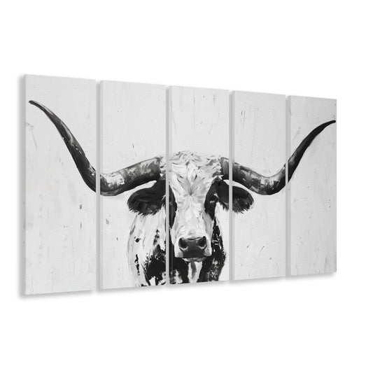 Black And White Longhorn Cow Portrait Knife Oil Paing V1, Multi Panels Canvas Print Wall Art