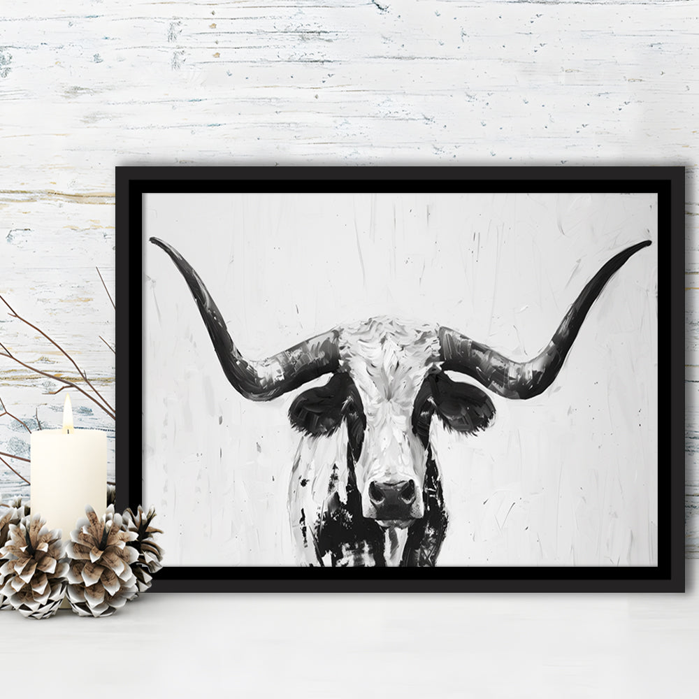 Black And White Longhorn Cow Portrait Knife Oil Paing V1, Floating Framed Canvas Print Wall Art