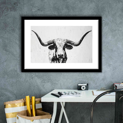 Black And White Longhorn Cow Portrait Knife Oil Paing V1, Framed Art Print White Border Wall Decor